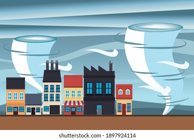 climate change effect city scape scene with twister vector illustration design
