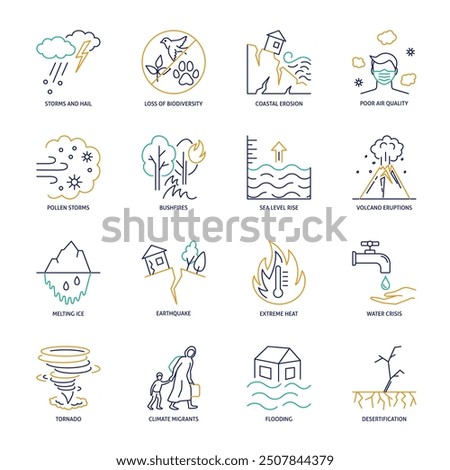 Climate change effect line icon set. Extreme weather events. Vector illustration.
