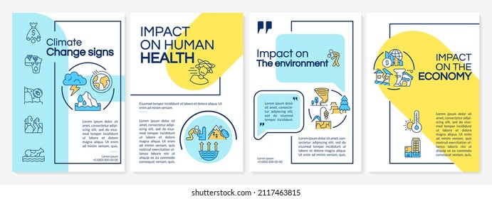 Climate change effects blue and yellow brochure template. Booklet print design with linear icons. Vector layouts for presentation, annual reports, ads. Questrial, Lato-Regular fonts used