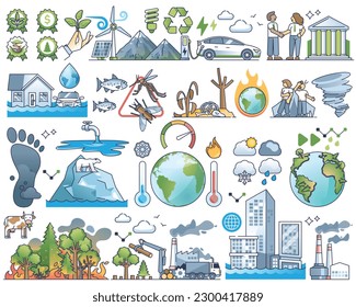 Climate change elements and CO2 footprint effect outline collection set. Items with natural disasters caused by human fossil fuel burning and carbon dioxide temperature rising vector illustration.