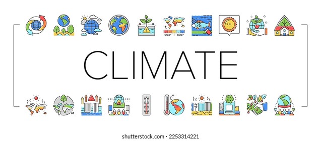 Climate Change And Environment Icons Set Vector. Climate Change And Pollution Water, Globe Temperature And Hot Weather, People Save Nature And Ecology Protest Line. Color Illustrations