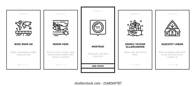 Climate Change And Environment Onboarding Mobile App Page Screen Vector. Climate Change And Pollution Water, Globe Temperature And Hot Weather, People Save Nature And Ecology Protest . Illustrations