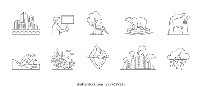 Climate change and environmental crisis line icon set. Editable stroke. Vector illustration.