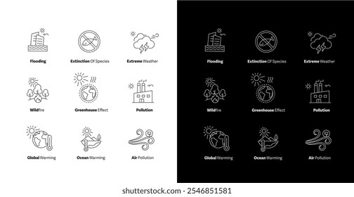 Conjunto de iconos de cambio climático y amenaza ambiental. Incluye ilustraciones de inundaciones, contaminación del aire, efectos de invernadero y extinción de especies, adaptadas para proyectos de sensibilización.