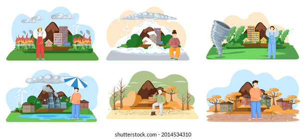 Climate change. Flat global warming tiny persons concept. Nature environment danger. Temperature rising and animal extinction, climate change and danger for ecology. Natural disasters cataclysms