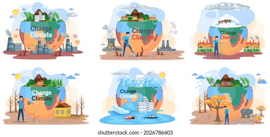 Climate change. Flat global warming tiny persons concept. Nature environment danger. Temperature rising and animal extinction, climate change and danger for ecology. Natural disasters cataclysms