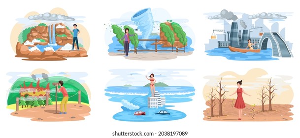 Climate change. Flat global warming tiny persons concept. Nature environment danger. Temperature rising and animal extinction, climate change and danger for ecology. Natural disasters cataclysms