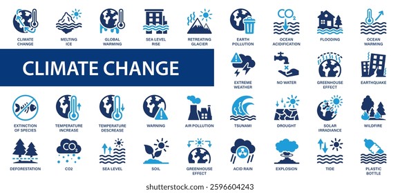 Climate change flat icons set. Global warming, greenhouse, drought, melting ice, warning, no water icons and more signs. Flat icon collection.