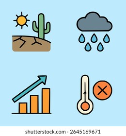 Climate change flat icons showing drought, rainfall, rising temperatures, and increasing global warming impact