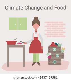 Climate change and food. A woman bought organic food from a local farm market. The impact of food production on the environment. Vector square banner.