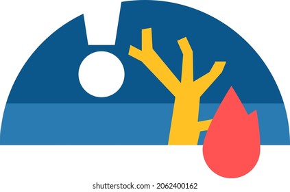 climate change forest fire dark night with big exclamation mark moon minimal flat isolated vector graphic icon or illustration