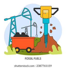 Climate change. Fossil fuel. Natural resources depletion. Ecology destruction with oil, gas and coal consumption. Fossil source pumping impact on climate. Flat vector illustration