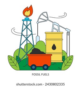 Climate change. Fossil fuel. Natural resources depletion. Ecology destruction with oil, gas and coal consumption. Fossil source pumping impact on climate. Flat vector illustration