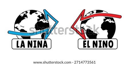 Climate change, global climate cycle known as El Niño and La nina concept. El Nino and La Nina, indicating warm and cold water and winds. Weather, temperatures climate effects in the Pacific Ocean.