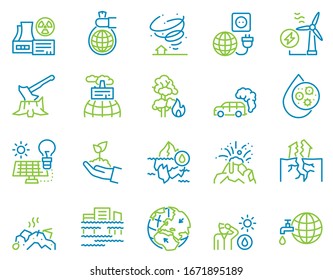 Climate change and global warming color linear icon set. Natural disaster and ecology concept. World increasing and lowering temperature, globe nuclear and air co2 pollution. Melting ice