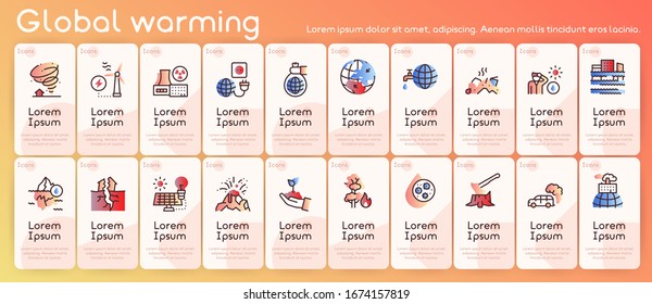 Climate change and global warming color linear icon set. Natural disaster and ecology concept. World increasing and lowering temperature, globe nuclear and air co2 pollution. Melting ice