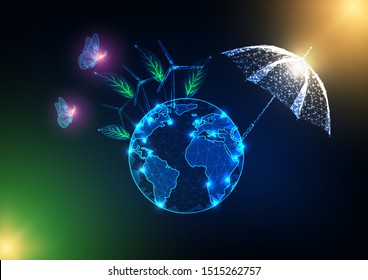 Climate change, global warming concept with the planet  Earth protected by umbrella and windmills, green trees, butterflies on dark blue background. Futuristic low polygonal vector illustration.