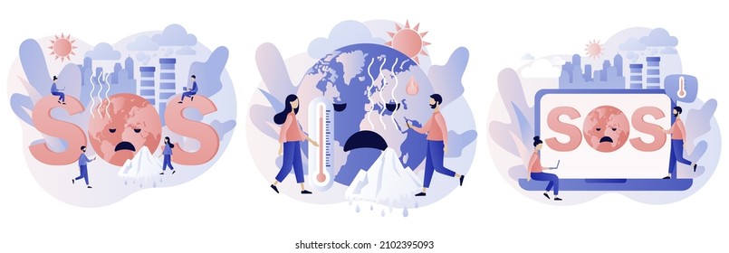 Climate change. Global warming concept. SOS. Tiny people trying save planet Earth. World Environment day. Ecology hazards, air pollution. Modern flat cartoon style. Vector illustration 