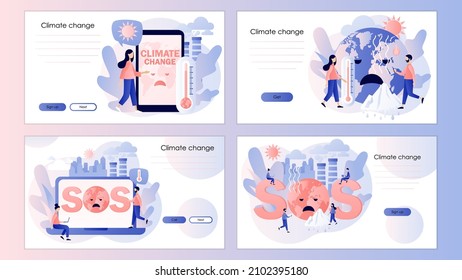Climate change. Global warming concept. SOS. Tiny people trying save planet Earth. Ecology hazards. Screen template for landing page, template, ui, web, mobile app, poster, banner, flyer. Vector 