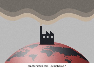 Konzept des Klimawandels und der globalen Erwärmung. Luftverschmutzung durch Fabrik auf der Erde. Vektorgrafik.