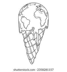 El cambio climático y el concepto de calentamiento global. El planeta Tierra en un cono de gofre se está derritiendo como helado debido al calentamiento global y a la contaminación atmosférica. Ilustración del vector en un estilo lineal. Salvemos el planeta