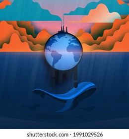 Climate change and Global warming concept.Melting earth.Temperature rising and air pollution from industry.Environment conservation resource sustainable.Vector illustration.