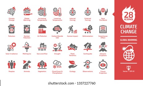 Climate Change Or Global Warming Danger Red Color Glyph Icon Set With World Heat Temperature, Globe Greenhouse Effect, Air Pollution, Earth Co2 Smoke Problem And Environment Save Sign.