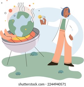 Cambio climático y desastre del calentamiento global debido al concepto de actividades humanas con la Tierra quemándose fuego. Planeta colocado en una parrilla llena de fuego. Mundo a la parrilla, planeta en llamas, ola de calor, altas temperaturas
