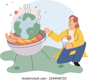 Cambio climático y desastre del calentamiento global debido al concepto de actividades humanas con la Tierra quemándose fuego. Planeta colocado en una parrilla llena de fuego. Mundo a la parrilla, planeta en llamas, ola de calor, altas temperaturas