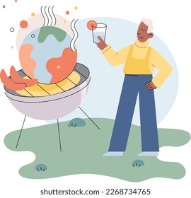 Climate change and global warming disaster due to human activities concept with Earth on burning fire. Planet placed on fiery grill. Grilled World, burning planet, heatwave, high temperatures