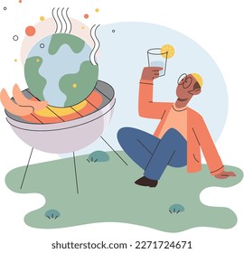 Climate change and global warming disaster due to human activities concept with Earth on burning fire. Planet placed on fiery grill. Grilled World, burning planet, heatwave, high temperatures