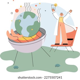 Climate change and global warming disaster due to human activities concept with Earth on burning fire. Planet placed on fiery grill. Grilled World, burning planet, heatwave, high temperatures