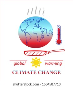 Climate change, Global Warming, Ecological Problems and Solutions. Earth in a hot pan under sun with red thermometer  - Isolated Design Concept. Vector illustration.