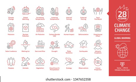 Climate Change Or Global Warming Editable Stroke Outline Danger Red Icon Set With World Disaster And Catastrophe, Globe Nuclear And Air Co2 Pollution, Greenhouse Effect, Melting Ice Line Ecology Sign.