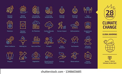 Climate Change Or Global Warming Editable Stroke Outline Yellow Icon Set On A Dark Violet Background With Globe Air CO2 Pollution, Human Impact, Deforestation, Greenhouse Effect Eco Line Symbols.