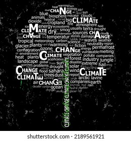 cambio climático, calentamiento global y conservación del medio ambiente, en forma de árbol, nube de palabras y etiquetas, ilustración vectorial, aislado en fondo negro