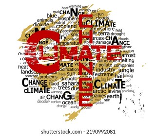 climate change, global warming and environmental conservation, word and tag cloud, vector illustration, grungy