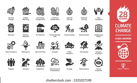 Climate change or global warming glyph icon set with world heat temperature, globe greenhouse effect, air pollution, earth co2 smoke problem, hot sun fire energy and environment save symbols.