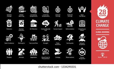 Climate change or global warming glyph icon set on a black background with world heat temperature, globe greenhouse effect, air pollution, earth co2 smoke problem, hot sun fire energy sign.