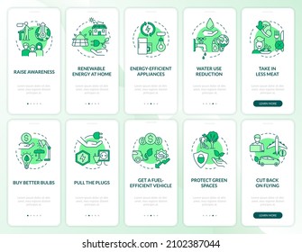 El cambio climático y el calentamiento global la pantalla de aplicación móvil de green onboard set. Recorrido 5 pasos de páginas de instrucciones gráficas con conceptos lineales. UI, UX, plantilla GUI. Multitud de tipos de letra Pro-Bold, con uso regular