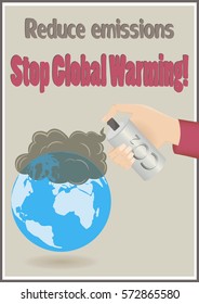 Climate change. Global warming. Greenhouse effect.  Hand sprays CO2 on the earth globe. CO2 cloud vector on earth, carbon dioxide emits, smog pollution concept, smoke pollutant damage.