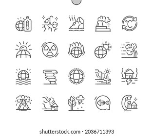 Climate change. Global warming. Hurricanes, tornado, tsunami. Temperature changes. Pixel Perfect Vector Thin Line Icons. Simple Minimal Pictogram