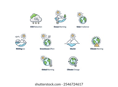 Climate Change and Global Warming Icons Set.CO2 reduction, ocean warming, solar irradiance, greenhouse effect, and melting ice, representing critical climate and environmental issues.