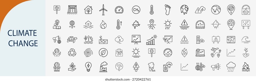 Conjunto de iconos de cambio climático y calentamiento global, Vector de línea delgada, estilo de contorno negro