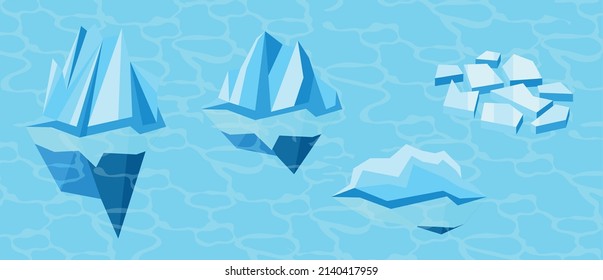 Climate change and global warming isometric background with icebergs and melting ice floes on sea surface vector illustration
