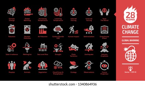Climate change or global warming red danger glyph icon set on a black background with world increasing and lowering temperature, globe nuclear and air co2 pollution, greenhouse effect line sign.