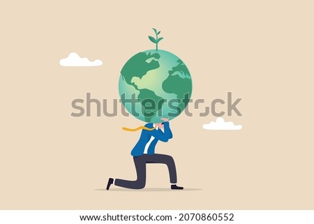 Climate change and global warming responsibility, world leader commitment to take care our planet earth concept, businessman in atlas pose carrying green globe with seedling plant on his shoulder.