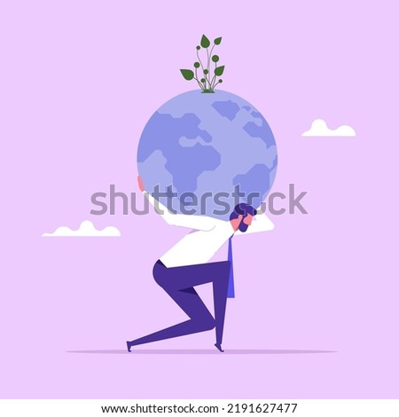 Climate change and global warming responsibility, commitment to take care our planet earth concept, businessman in atlas pose carrying green globe with on his shoulder