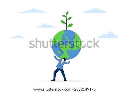 climate change and global warming responsibility concept, world leader commitment to take care of our planet earth, businessman in atlas pose carrying green globe with plant seeds on his shoulder.