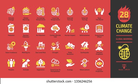 Climate change or global warming white and yellow glyph icon set on a red background with world heat temperature, globe greenhouse effect, air pollution, earth co2 problem and environment save sign.